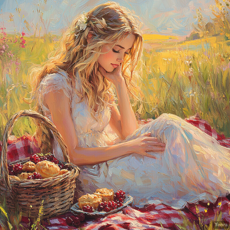 A young woman sits in a field surrounded by wildflowers and tall grasses, lost in thought as she gazes at something in the distance.