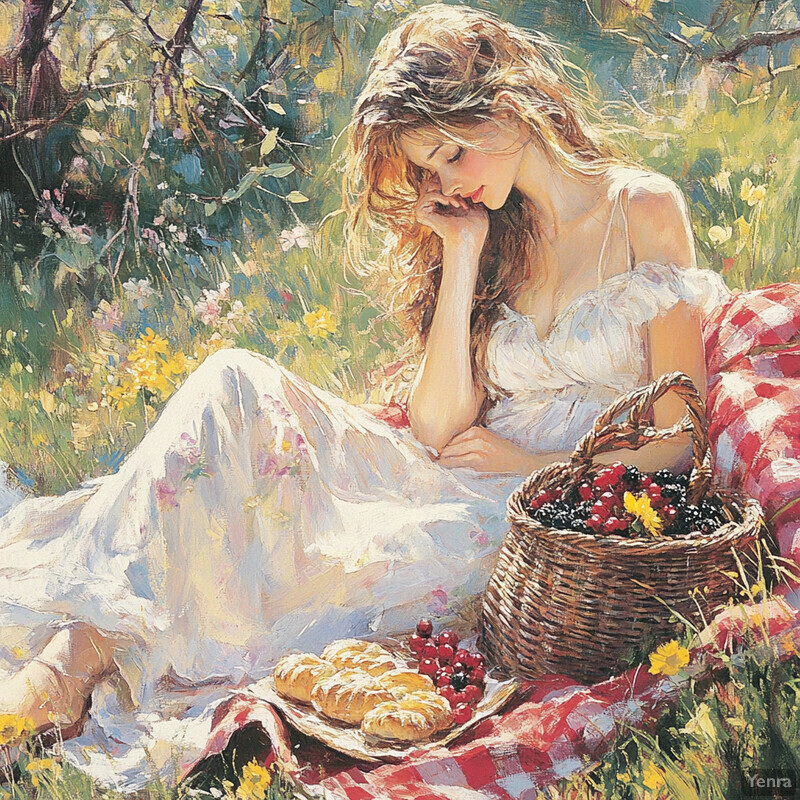 Serene and idyllic painting of a young woman in a meadow