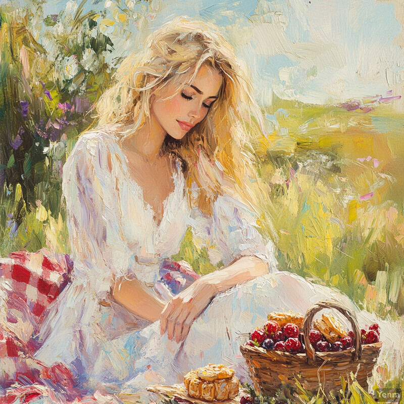 A serene painting of a woman sitting on a red and white checkered blanket in a field surrounded by wildflowers, lost in thought as she gazes out at the beautiful scenery.