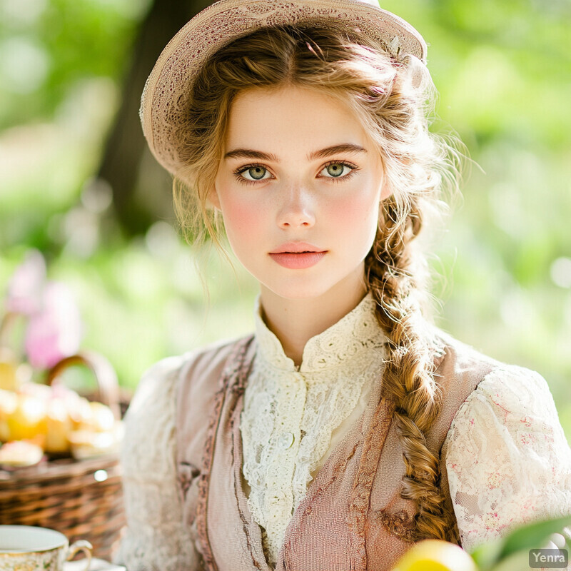 A young woman enjoys a vintage-style tea setting in the great outdoors.