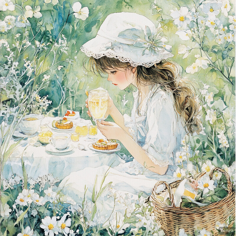 A young girl enjoys tea in a lush garden setting, surrounded by vibrant greenery and white flowers.