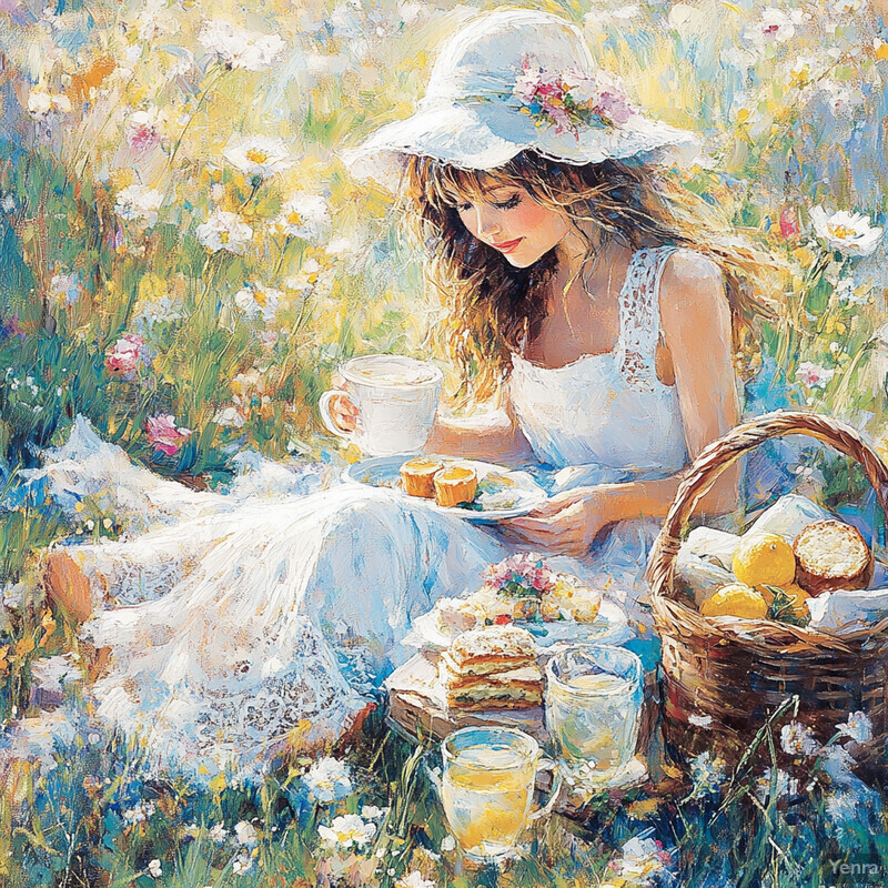 A young woman enjoys a picnic in a field of wildflowers.