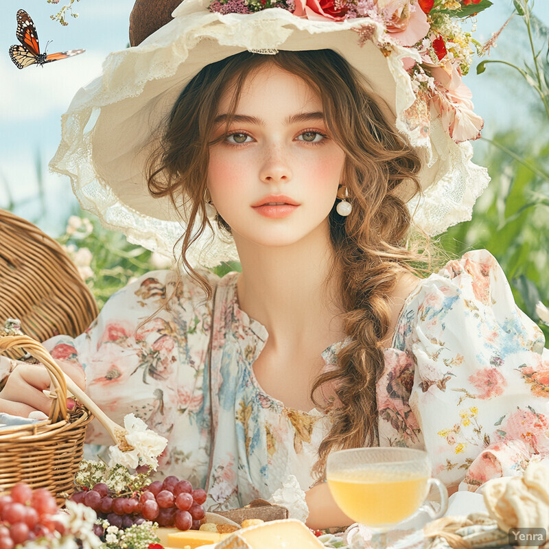 A young woman enjoys a picnic in a lush garden, surrounded by an assortment of food items and a glass of white wine.