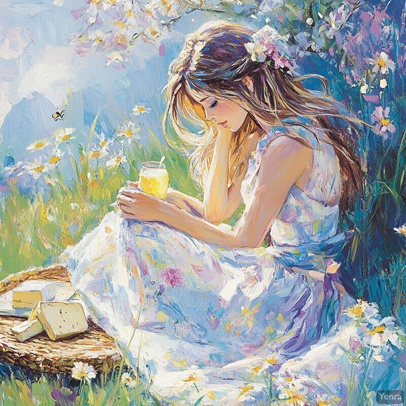 A woman in a white floral dress sits amidst flowers and trees, holding a glass of yellow liquid, evoking a serene and whimsical atmosphere.