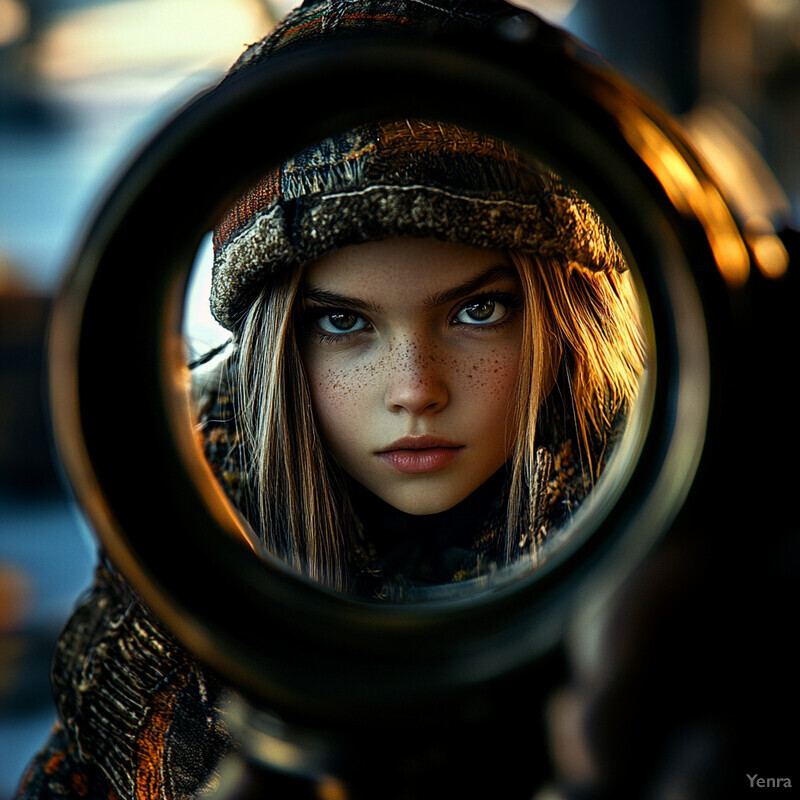 A close-up portrait of a young girl with blue eyes and freckles, framed by a circular object.