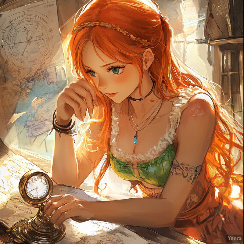 A young woman with red hair gazes at an antique pocket watch in a room filled with maps and compasses