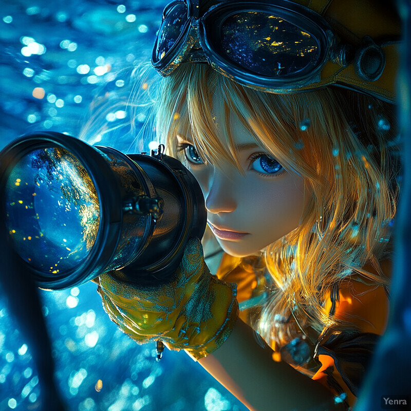 A young girl gazes through a telescope under the starry night sky, filled with wonder and curiosity.