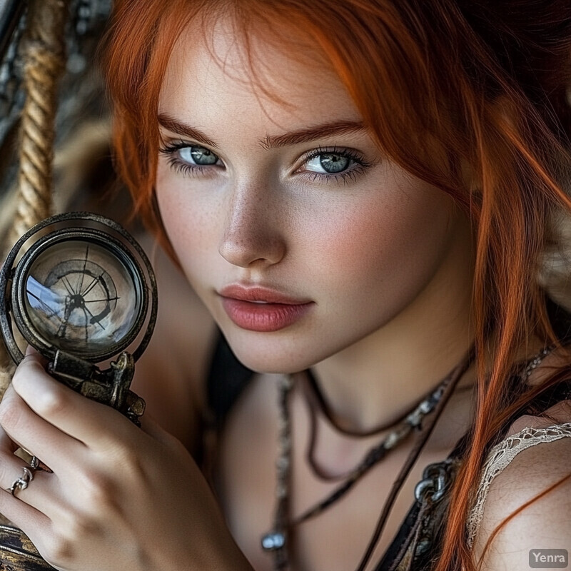 A young woman with red hair and blue eyes holds an antique compass, gazing intently at it in a rustic outdoor setting.