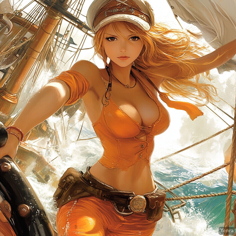 A confident woman stands on a ship's deck, dressed in orange attire with nautical accessories, surrounded by ropes and pulleys.