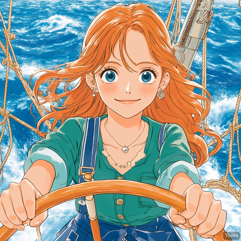 A young woman with orange hair and blue eyes steers a ship's wheel on a boat at sea.