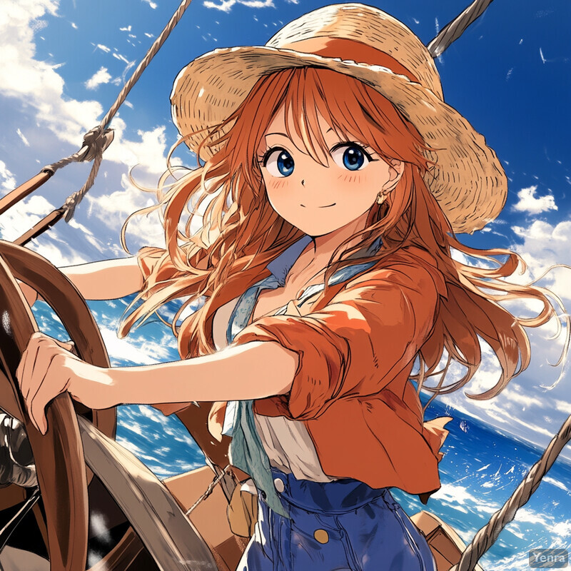 Anime-style girl at the helm of a boat or ship