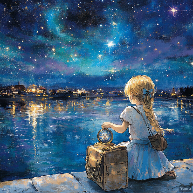 A young girl gazes out at a body of water under a starry night sky, holding a compass and sitting beside a large suitcase.