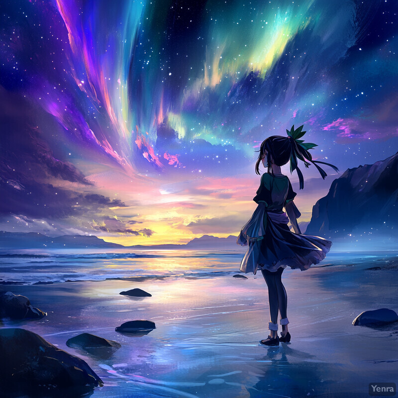 Anime-style girl on a beach at sunset