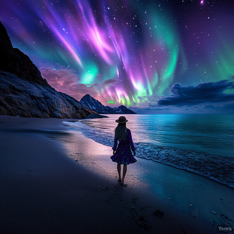 A woman strolls along a beach at dusk or dawn, surrounded by vibrant aurora borealis hues.