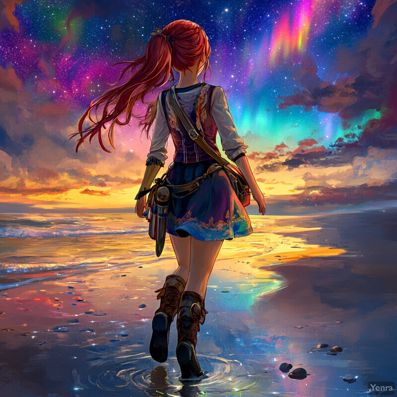 A young girl walks away from the viewer on a beach at sunset/sunrise, carrying a sword and wearing a unique outfit.