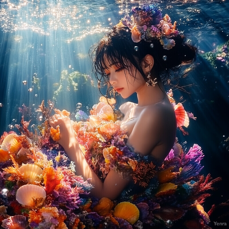 A woman surrounded by coral and sea creatures in an underwater setting, conveying serenity and harmony with nature.