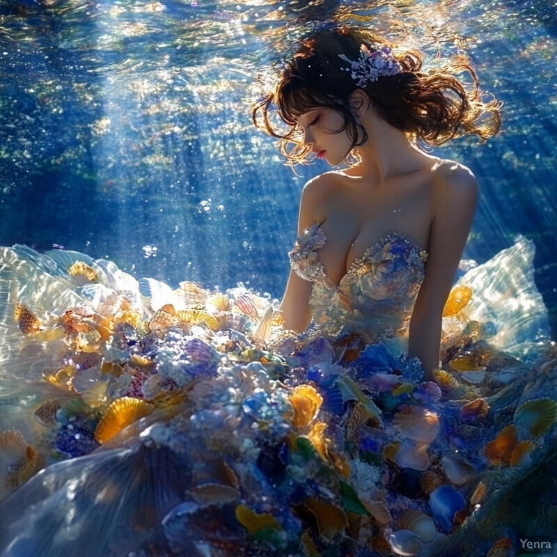 A serene underwater scene featuring a woman surrounded by seashells and coral, wearing a flowing white dress adorned with colorful flowers or shells.