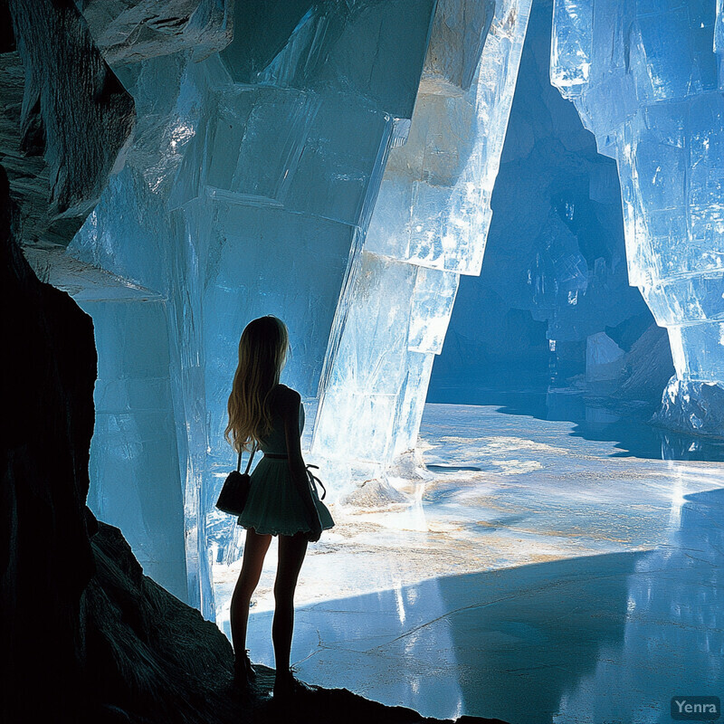 A woman stands in an ice cave, gazing out at a frozen landscape.