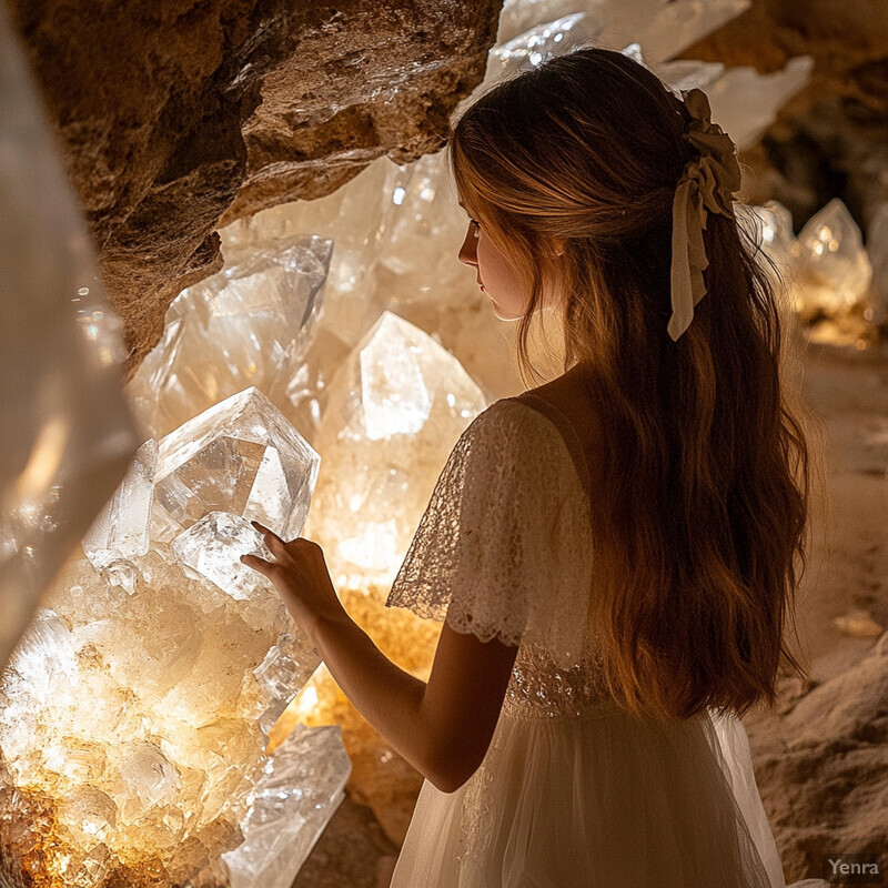 A young girl stands in front of a cave filled with sparkling crystals, examining one closely.