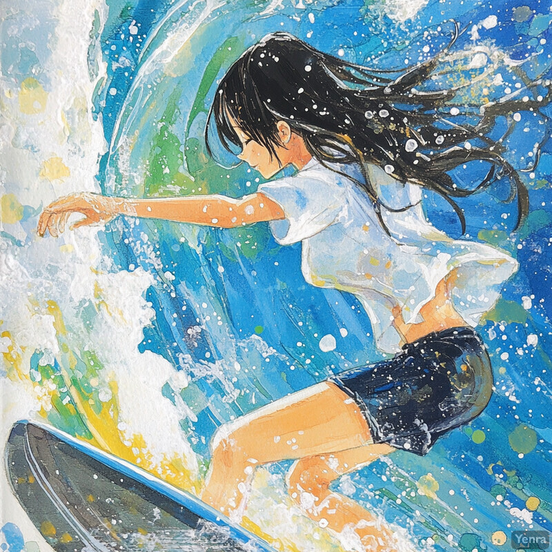 A young girl riding a wave on a surfboard in a colorful ocean scene.