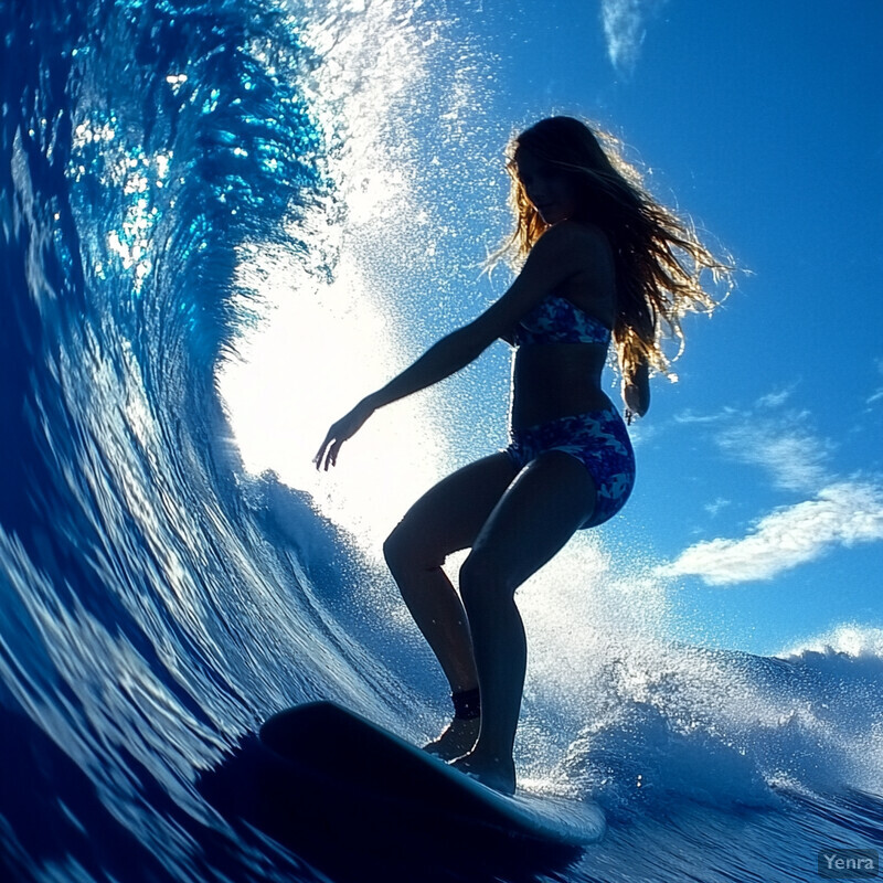 A woman surfing on a large wave