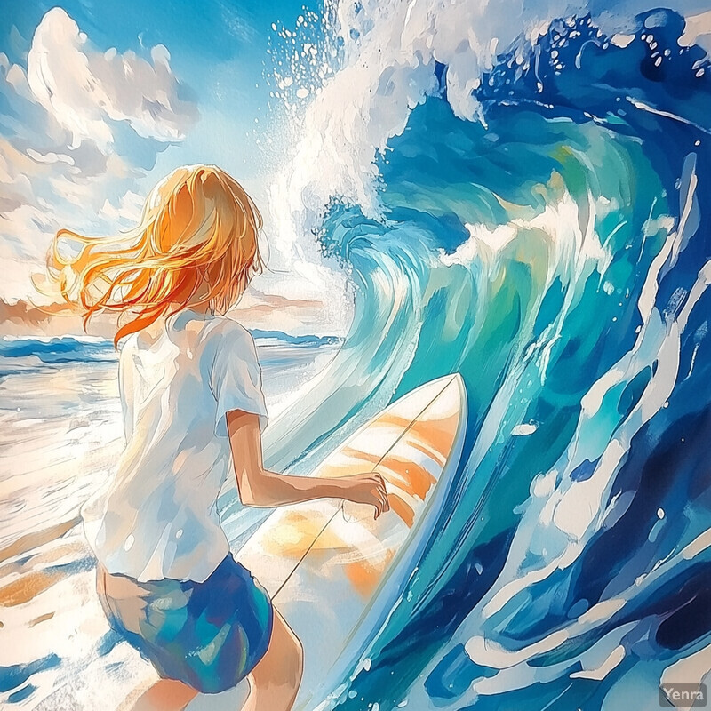 A young girl stands on a beach, holding a surfboard and gazing out at an enormous wave about to crash down upon her.