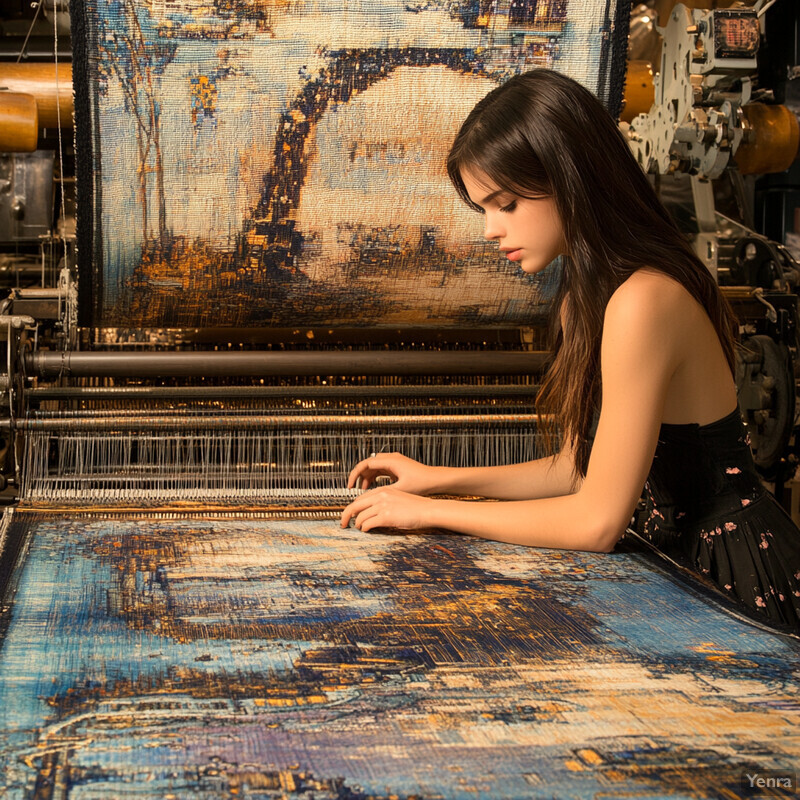 A woman weaves on a loom in a room filled with colorful yarns and threads, surrounded by tools and materials.