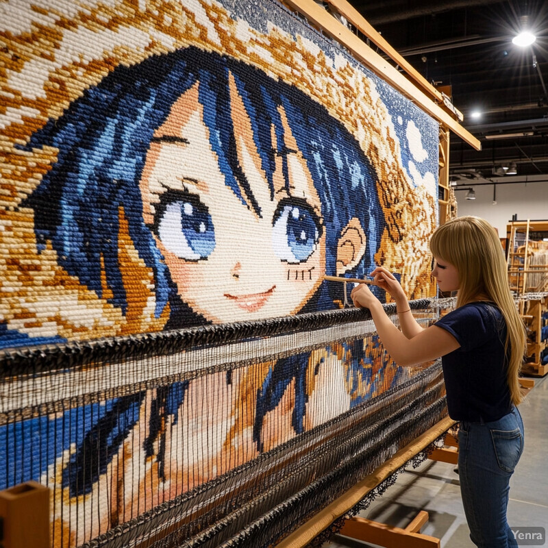 A young girl works on a large tapestry featuring an anime-style character in an art studio.