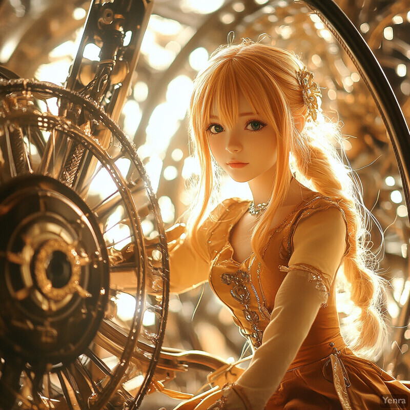 A doll with long blonde hair and a gold dress in an industrial setting.