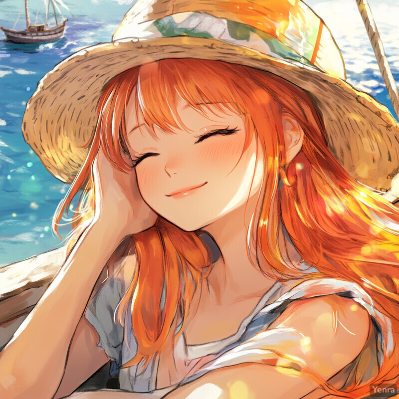 Anime-style illustration of a young woman by the water