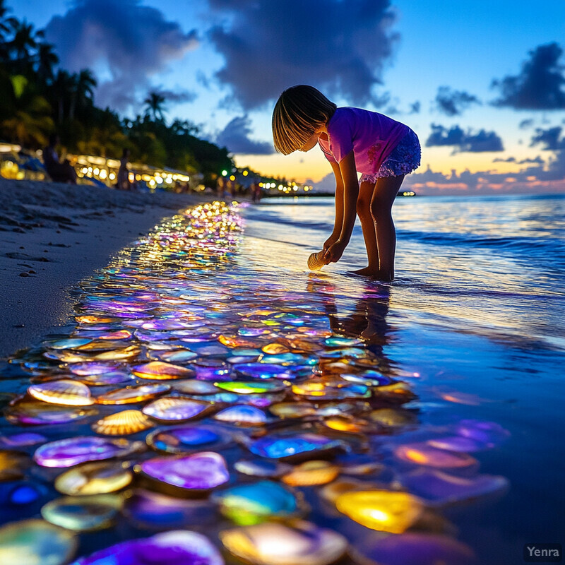 A young girl examines seashells on a beach at dusk or dawn