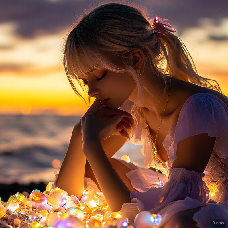 A woman sits on a beach at sunset, surrounded by seashells, lost in thought.