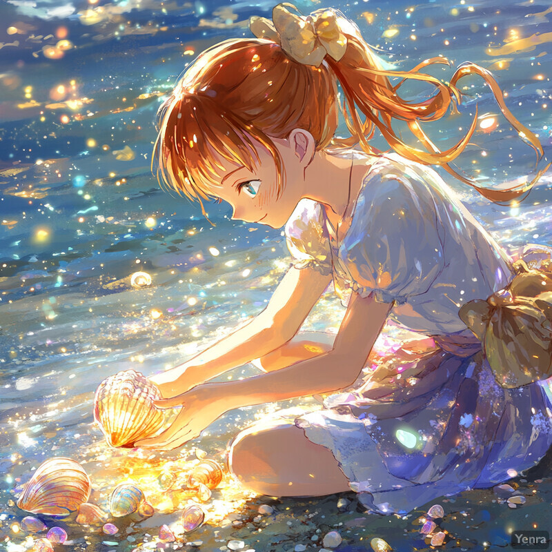 A young girl kneels on a beach, holding up a large shell to the sunlight, surrounded by scattered seashells and a vibrant atmosphere.