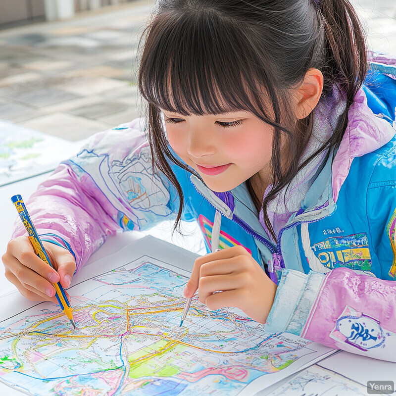 A young girl intently focuses on a map, poised to make notes.