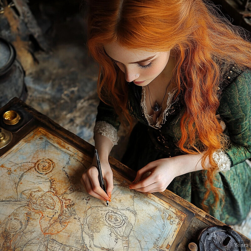 A woman with long red hair draws a map at a desk