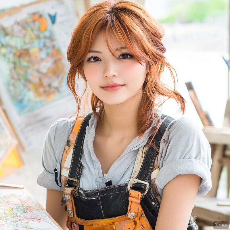 A young woman with red hair stands in front of an easel displaying a colorful map on paper, surrounded by art supplies.