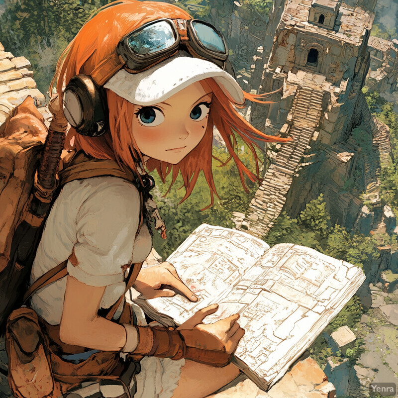 A young anime-style girl with red hair and blue eyes is depicted in an illustration, wearing a white cap, brown backpack, and beige shirt, conveying determination and curiosity as she explores new territory.