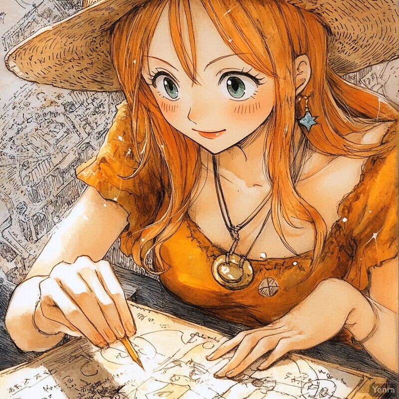 A young girl with orange hair and green eyes works at a desk surrounded by papers and objects.