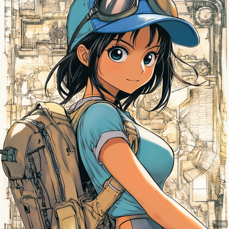 A young woman with black hair and blue eyes, wearing a light blue shirt, tan backpack, and baseball cap adorned with goggles, standing in front of an abstract background that resembles a map or blueprint.