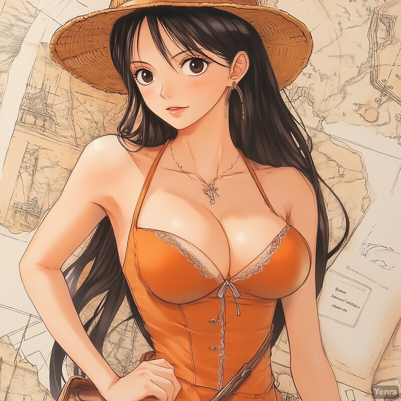 A woman in an orange corset-style top and straw hat stands against a light tan background with sketches of buildings.