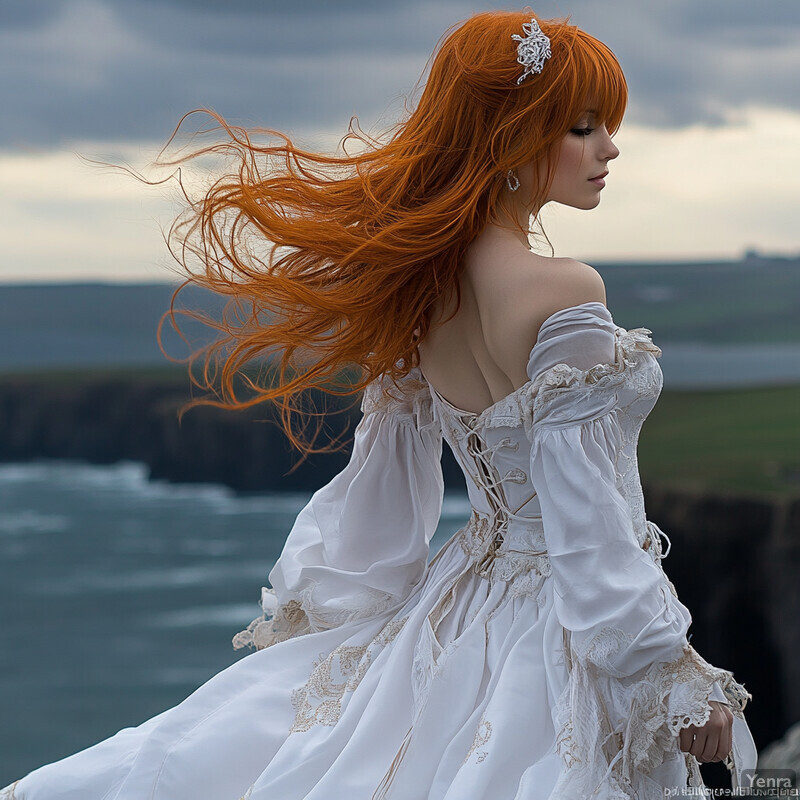 A woman with red hair stands on a cliff overlooking a body of water, wearing a white wedding gown and silver brooch.