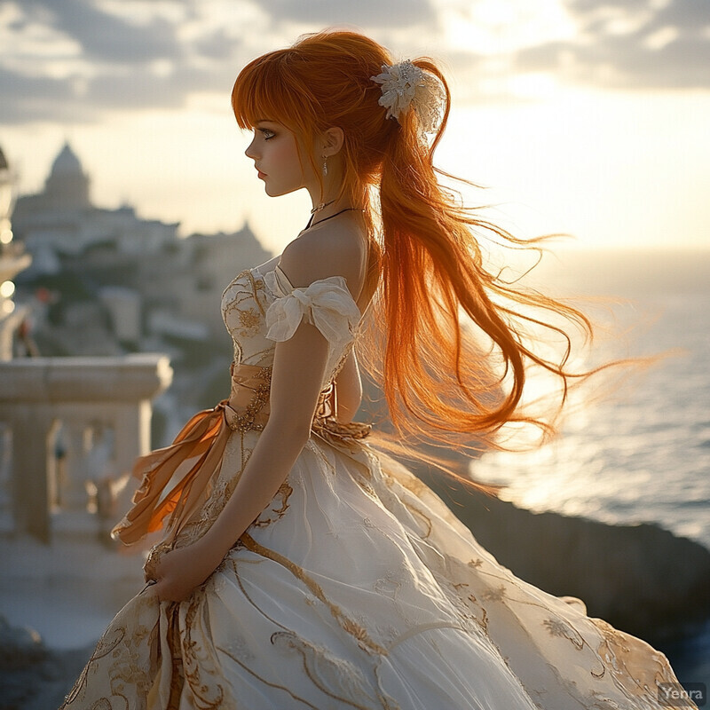 Ethereal Woman Standing on Cliff Overlooking Ocean