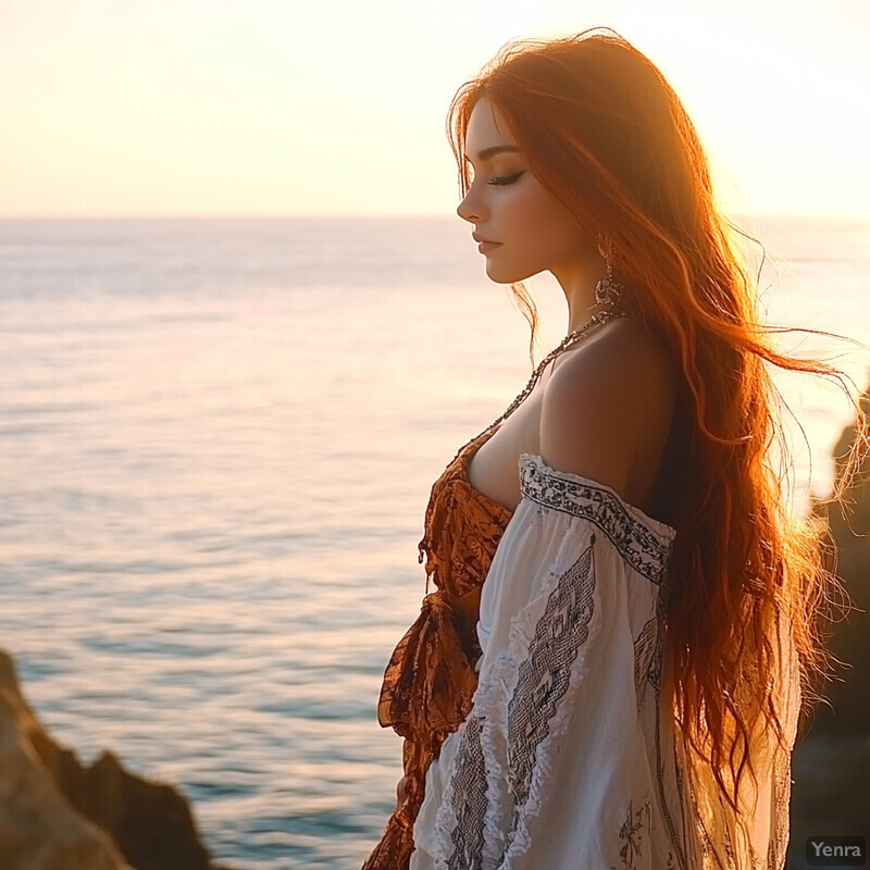 A woman stands by the water at sunset, exuding confidence and poise.