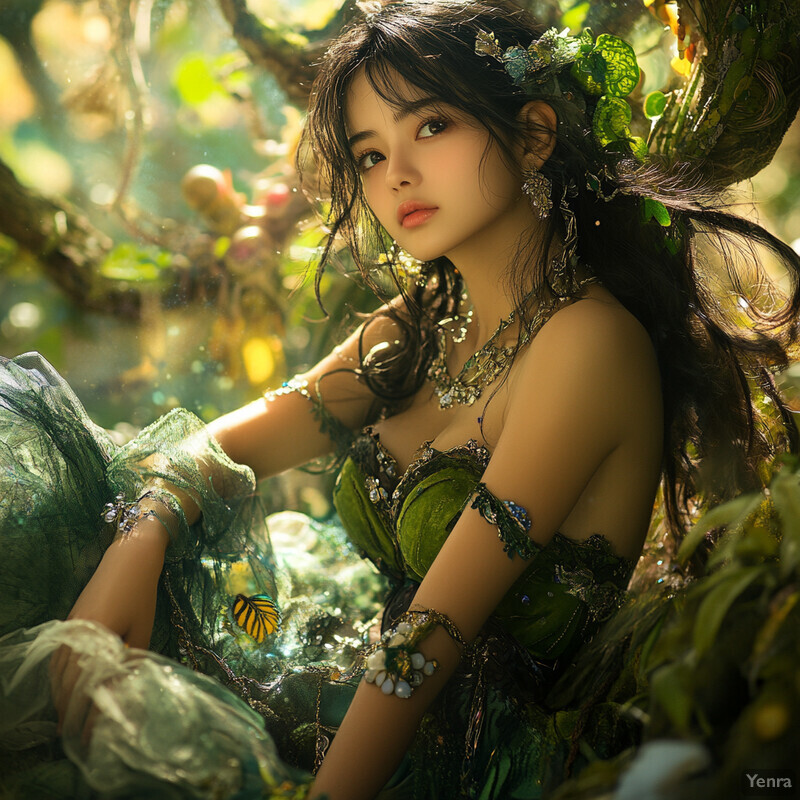 A serene and enchanting scene of a woman surrounded by lush greenery, with her long dark hair cascading down her back like a waterfall of night sky.