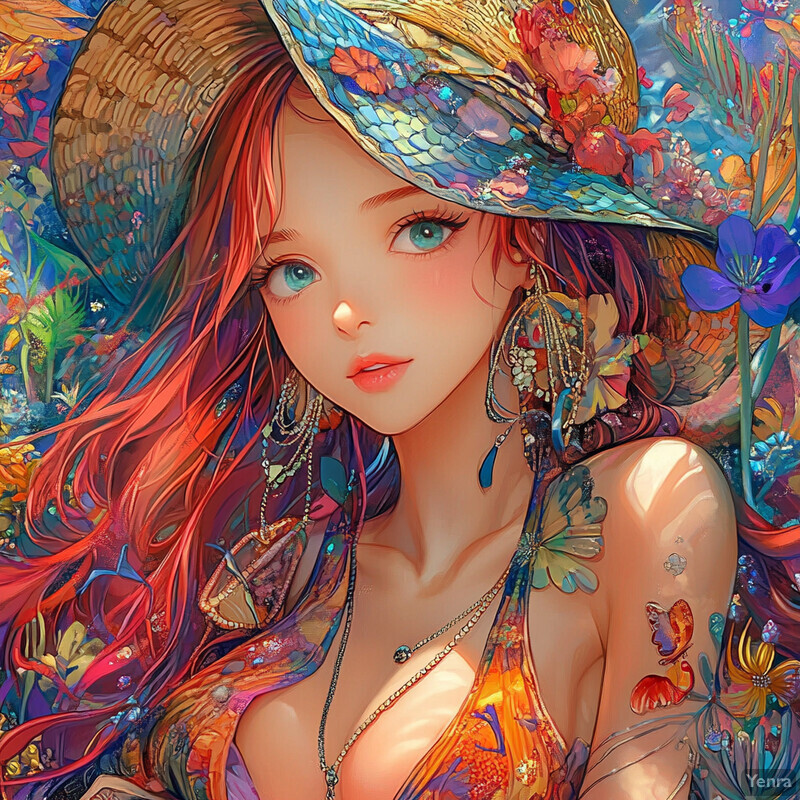 A young woman with long red hair wears a straw hat adorned with flowers and butterflies, surrounded by colorful flowers in a fantasy or romantic novel-inspired setting.