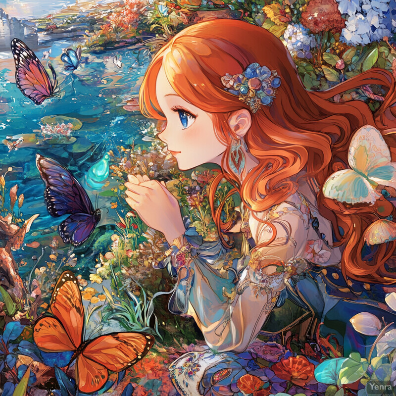 A serene and idyllic scene of a woman surrounded by flowers and butterflies in a natural setting