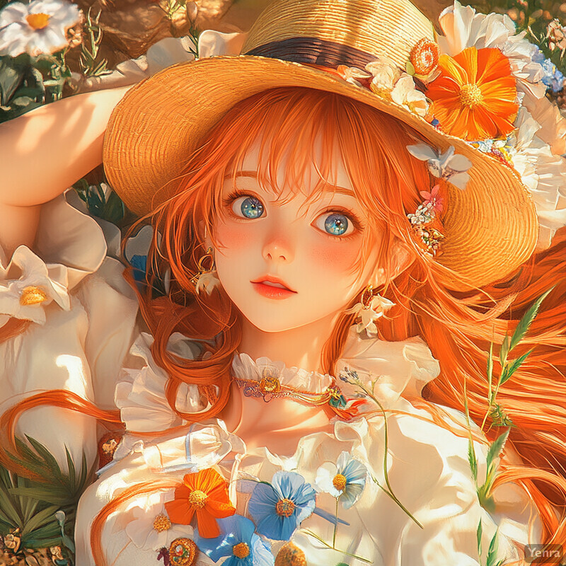 A young woman with striking red hair and piercing blue eyes lies in a field of flowers, exuding peace and serenity.