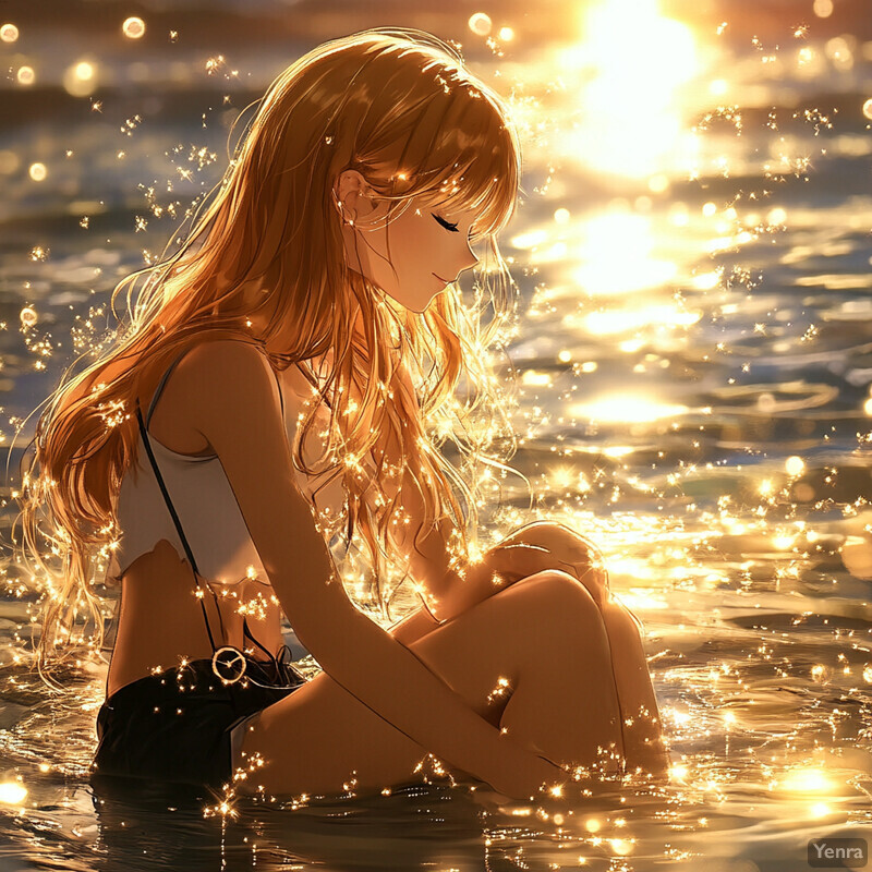 A young woman sits in shallow water, surrounded by sparkles and sunlight.