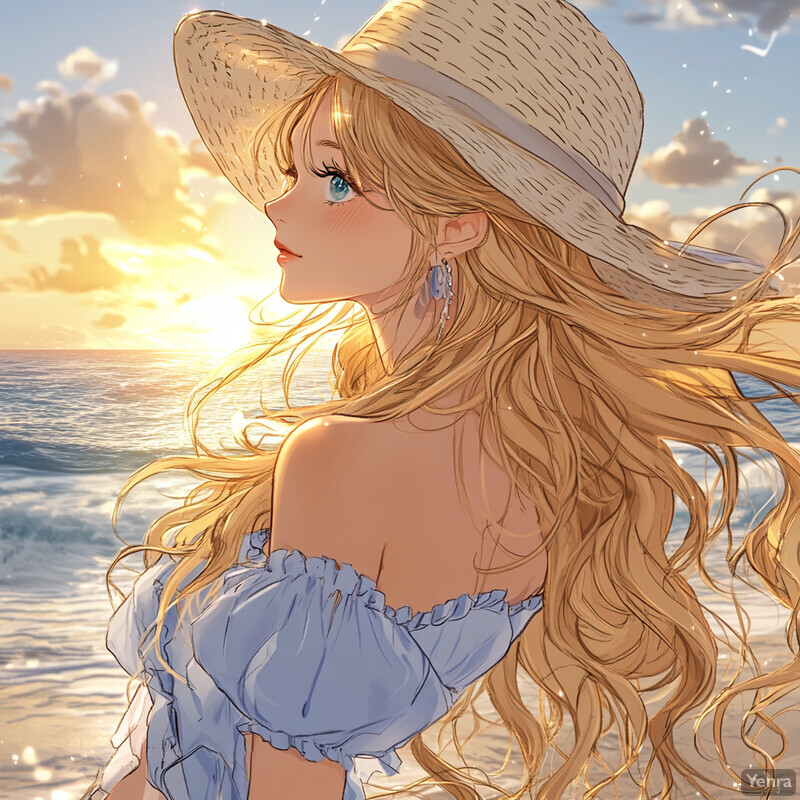 A young woman gazes out at a beach sunset, wearing an elegant off-the-shoulder dress