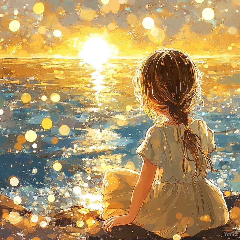 A young girl sitting on a rock by the ocean, gazing out at the sunset.